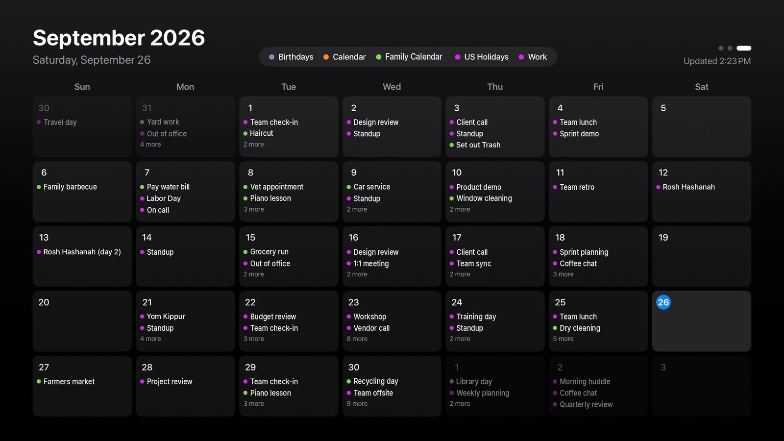 Month view in the Dark theme, with example events