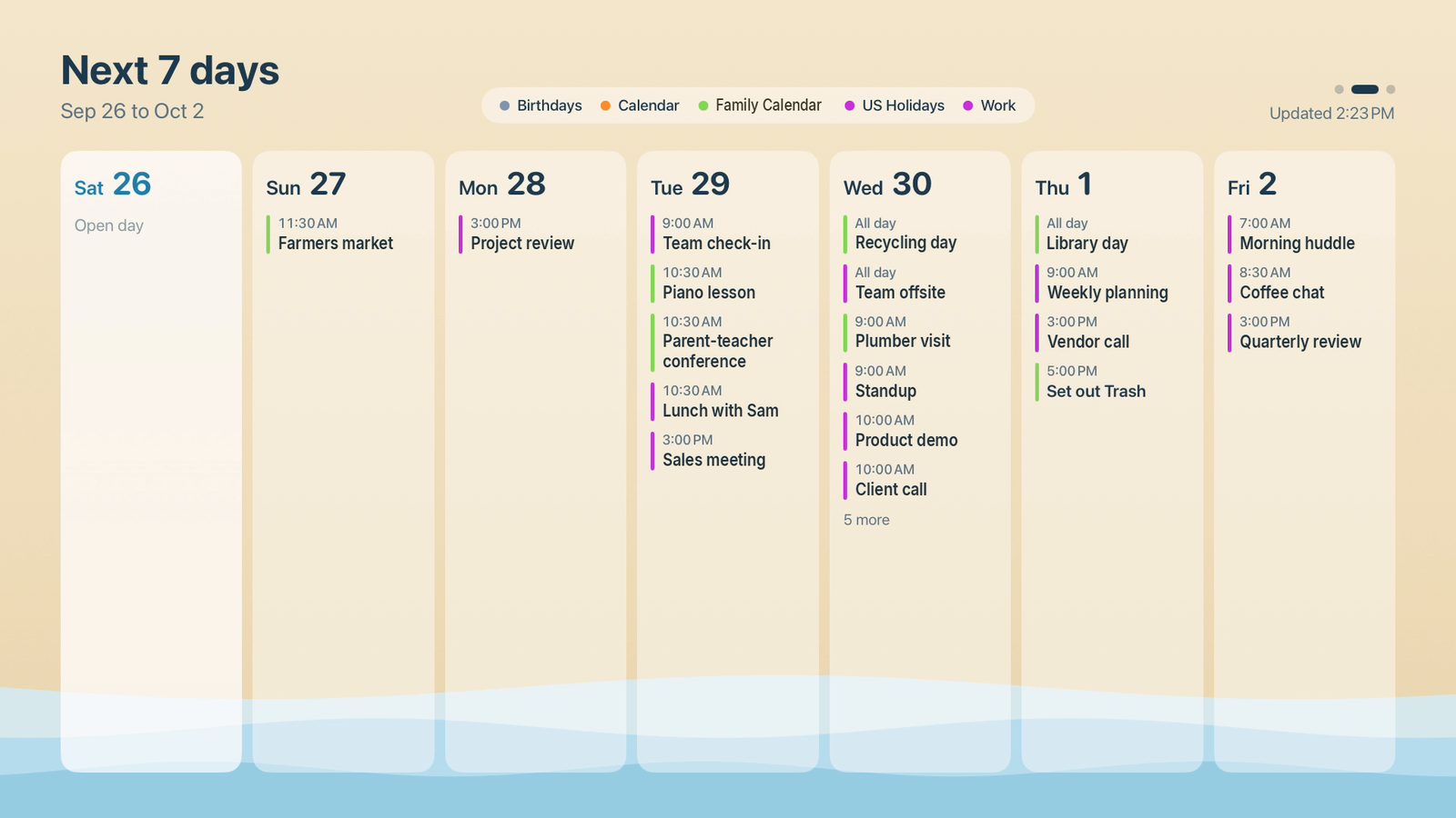Next 7 days view in the Beach theme, with example events