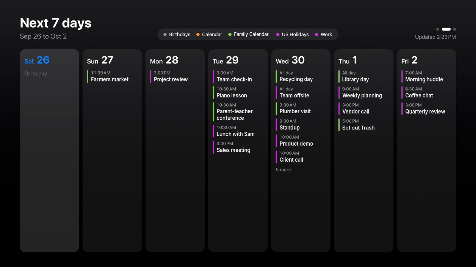 CalendarChannel on Apple TV showing the next 7 days in the Dark theme, with example events