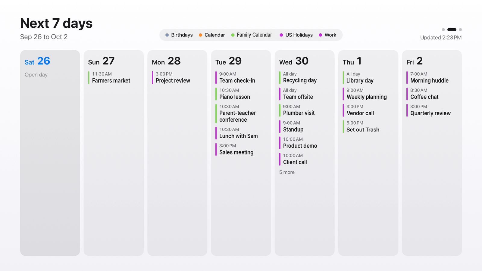 Next 7 days view in the Light theme, with example events